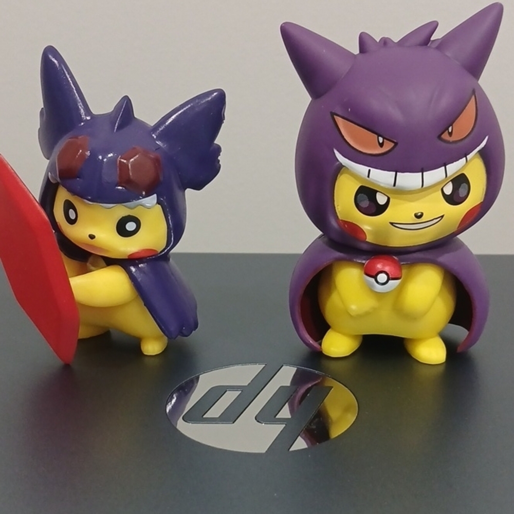 Pokemon Pikachu Figures in Purple Gengar and Dark Purple Costumes